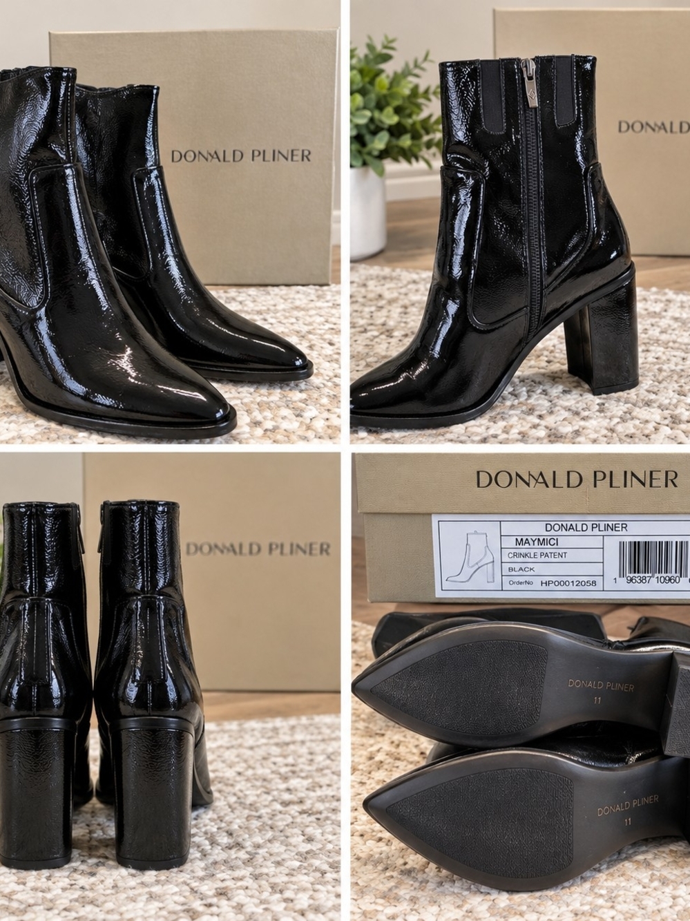 Donald J. Pliner Black Patent Crinkle Leather Block Heel Ankle Boots